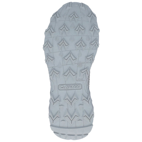 A gray shoe sole features a rugged tread pattern with pointed shapes designed for traction and grip on various surfaces while showcasing the HTTEC branding prominently in the center