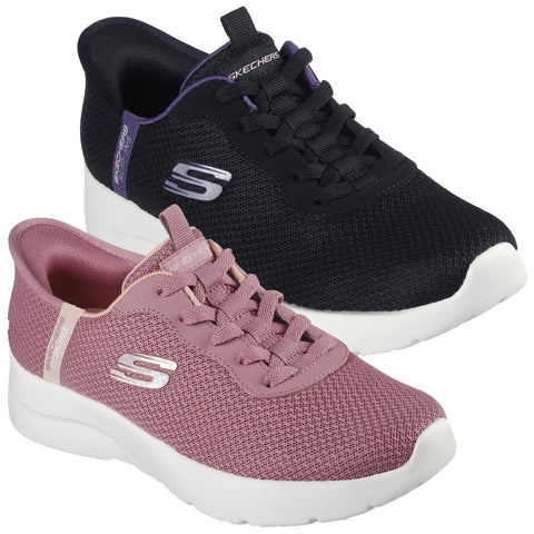 Two pairs of sneakers are displayed side by side. One pair is black with purple accents while the other is light pink. Both feature lace-up designs and white soles.