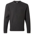 A dark gray long-sleeve sweatshirt is displayed hanging vertically showing a round neckline and subtle textured fabric with a small logo on the front and no visible embellishments or patterns