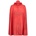 A red rain poncho with a hood hangs vertically featuring a half-zipper at the chest and a reflective strip across the front designed for protection against rain in outdoor settings.