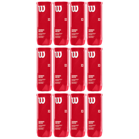 Twelve red canisters are neatly arranged in four rows, each labeled with the words "X3 PERFORMANCE PADDLE BALL" showcasing the brand logo prominently, set against a plain white background.