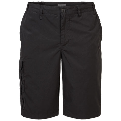 Cargo shorts are displayed in solid black fabric featuring a button closure and a side pocket the setting is a neutral background emphasizing the shorts' design and color.