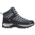 A gray and black waterproof hiking boot features reinforced stitching and a high ankle. It is designed for outdoor use, showcasing a rugged sole for traction on various terrains.