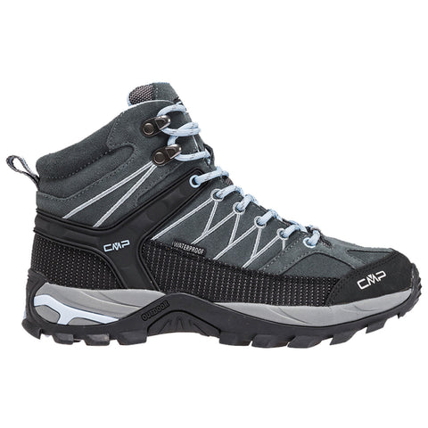 A gray and black waterproof hiking boot features reinforced stitching and a high ankle. It is designed for outdoor use, showcasing a rugged sole for traction on various terrains.