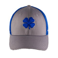 A gray cap with a blue mesh back features a blue embroidered four-leaf clover on the front showcasing a casual style often associated with good luck suitable for outdoor activities or everyday wear