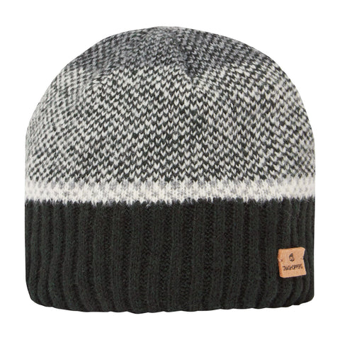 A knitted beanie sits upright showcasing a textured pattern in gray and black with a white stripe at the top and a ribbed black band at the bottom featuring a small leather logo patch.