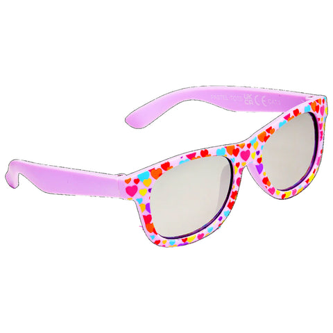 Colorful heart-patterned sunglasses rest on a flat surface reflecting light showcasing pastel shades of pink purple and assorted heart shapes creating a playful and cheerful accessory for sunny days