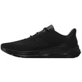 A sleek black athletic shoe stands upright showcasing a breathable mesh upper and a textured sole designed for comfort and performance in various environments.