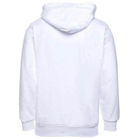 A white hooded sweatshirt is displayed hanging upright showing the back view with the hood down in a simple, uncluttered setting, highlighting its clean and minimal design.