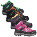 Four pairs of hiking boots are displayed side by side featuring various colors including green orange gray and pink showcasing a rugged design suitable for outdoor activities in a neutral background