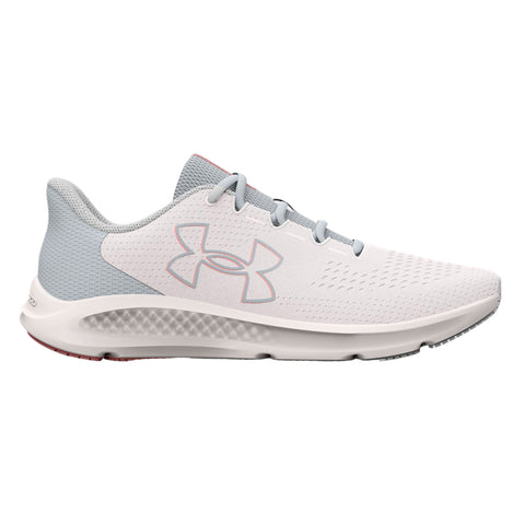 A white athletic shoe with light gray accents is positioned on a plain background showcasing its design features such as a textured upper and a distinct brand logo