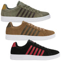 Three pairs of K-Swiss sneakers are displayed. The top pair is olive green with dark brown stripes the middle pair is light brown with olive stripes and the bottom pair is black with red stripes.