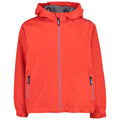 A bright orange jacket with a hood is displayed frontally featuring a full zip closure and two side pockets emphasizing a casual outdoor style suitable for cool weather.