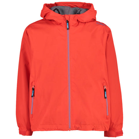 A bright orange jacket with a hood is displayed frontally featuring a full zip closure and two side pockets emphasizing a casual outdoor style suitable for cool weather.