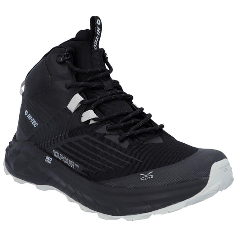 Black athletic shoe designed for outdoor activities features a high ankle support system and textured sole for traction placed against a plain white background.