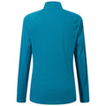 A long-sleeved teal athletic shirt is displayed with a high collar and raglan sleeves showcasing a textured fabric pattern against a neutral background.