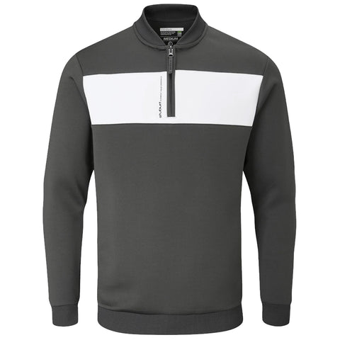 A grey quarter-zip sweatshirt features a white horizontal stripe across the chest. It is displayed on a plain background, showcasing its simple design and casual style.