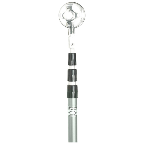 A telescopic pole with a suction cup at the top extends and adjusts for height in a compact storage form suitable for various applications like securing objects to smooth surfaces.