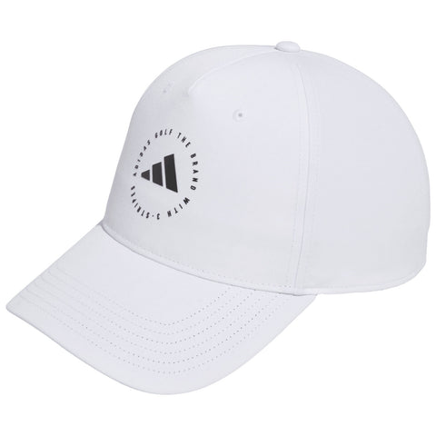 A white baseball cap is displayed featuring a circular logo with black text and a triangular design indicative of the Adidas brand used for golf sports activities