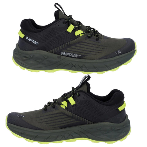 A pair of running shoes with a dark gray and black design features bright yellow accents and textured surfaces the shoes are displayed side by side on a white background.