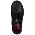 Black athletic shoe placed upright featuring laces and a padded collar showcasing a red insole labeled with brand details and slip-resistant attributes situated on a plain white background.