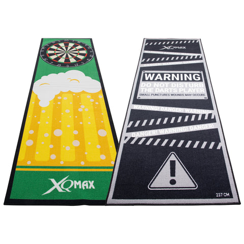 A dartboard is displayed alongside a large beer glass graphic on one mat while the other mat features a warning sign advising not to disturb the darts player with notes about potential puncture wounds.