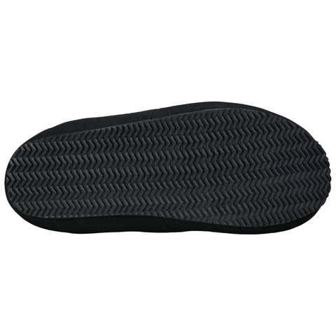 A black shoe sole is shown facing downward showcasing a textured surface with zigzag patterns designed for grip and traction typically used in various walking or athletic contexts.