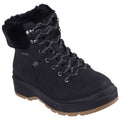 Black winter boot with a fur-lined collar is positioned upright showcasing its sturdy construction and textured lace. The boot is set against a plain white background enhancing its visibility.