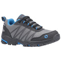 A gray and black athletic shoe features a textured upper with blue accents and laces positioned for wear in outdoor activities on various terrains