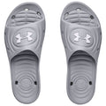 Gray slide sandals are displayed side by side featuring a logo on the top and designed with a textured surface for comfort and grip suitable for casual wear or poolside activities.