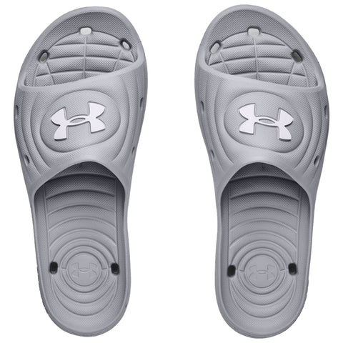 Gray slide sandals are displayed side by side featuring a logo on the top and designed with a textured surface for comfort and grip suitable for casual wear or poolside activities.