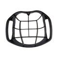 A black plastic face guard designed for protection features a grid structure with two side openings for secure attachment and fits over a person's face in a sports context.