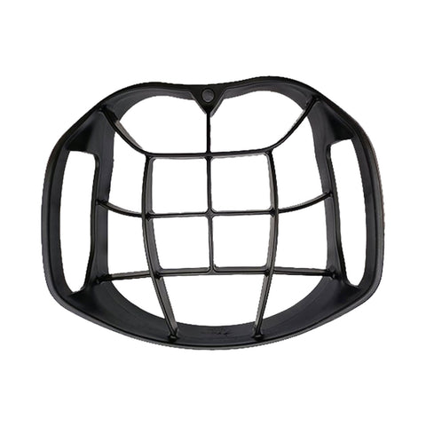 A black plastic face guard designed for protection features a grid structure with two side openings for secure attachment and fits over a person's face in a sports context.