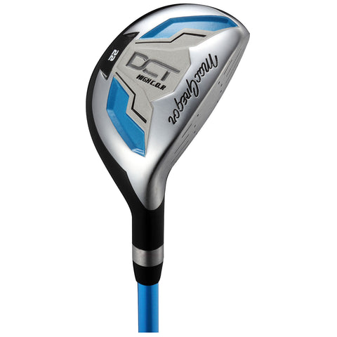 A golf club with a shiny metallic head features blue accents. It is positioned upright, showcasing its angled face designed for striking golf balls on a course.