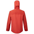 A red jacket with a hood is positioned upright showcasing its back side with long sleeves and a rounded hem suggesting readiness for outdoor activities in varied weather conditions.