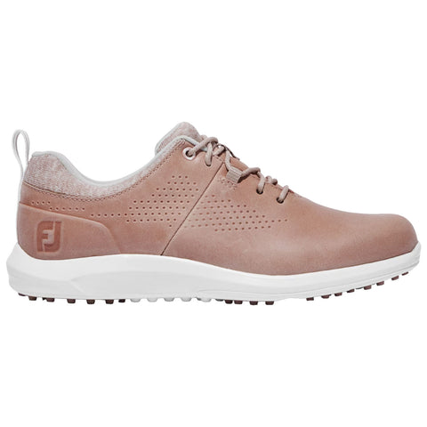 A brown golf shoe with a smooth surface and perforated design rests on a flat surface featuring a white sole with small spikes for traction and a logo on the side