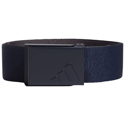 A dark blue belt lies flat featuring a rectangular clasp with a logo design and a texture of woven fabric creating a casual accessory suitable for various outfits.