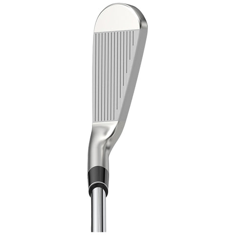 A golf club is displayed with its angled blade facing forward showing its shiny metal surface and textured face designed for striking a golf ball in a play environment.