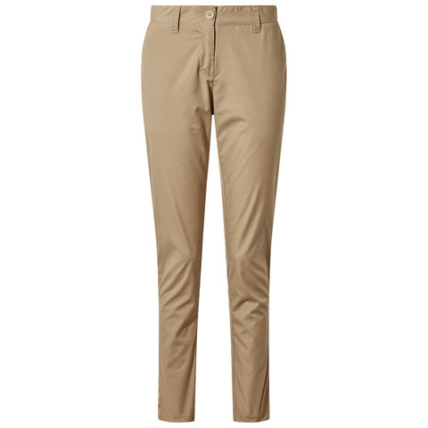 Khaki pants are displayed standing upright with a buttoned waistband and slim fit design, showcasing a smooth texture and tailored appearance against a neutral background.