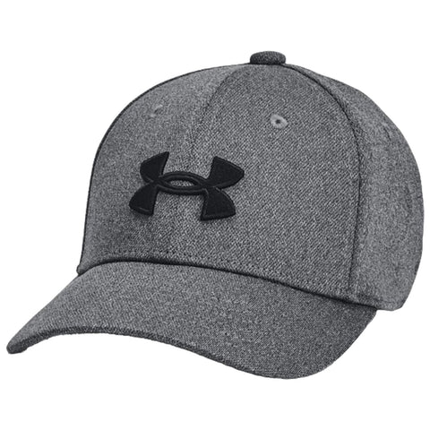 A gray baseball cap features a black logo on the front bill is angled slightly forward suggesting a casual wear context often used for outdoor activities or sports.