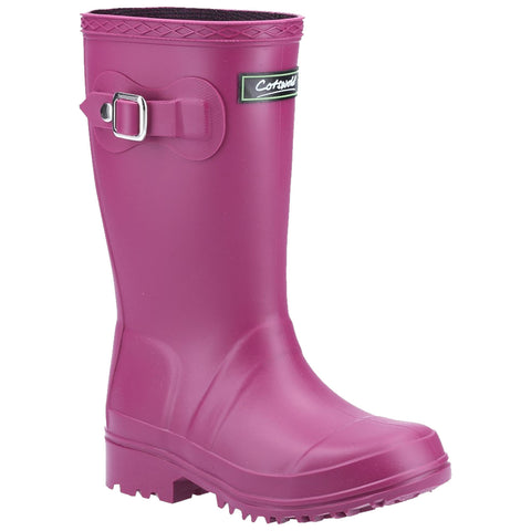 A bright pink rubber boot stands upright showcasing a smooth exterior a buckle detail on the side and a textured top edge designed for protection in wet conditions