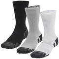 Three pairs of athletic socks in black gray and white are displayed side by side showcasing their ribbed texture and contrasting toe and heel designs against a neutral background