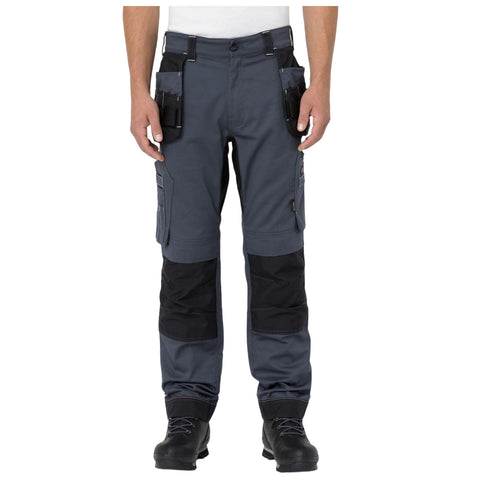 Gray work pants with multiple pockets are being worn by a person standing upright in a neutral position. The pants have reinforced black sections at the knees and are paired with black boots.