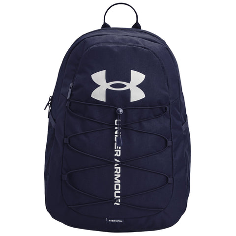 A dark blue backpack features a prominent white logo and elastic bungee cords on the front. It is designed for carrying personal items and showcases a sporty aesthetic.