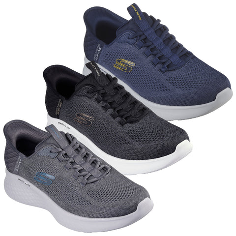 Three pairs of athletic shoes are displayed in a stacked arrangement showcasing their lightweight design colors include navy gray and black featuring a mesh upper and white soles designed for comfort and performance