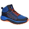 Hi-Tec Mens Trail Destroyer Walking Boots A blue and black high-top athletic shoe features orange accents and laces while sitting on a white background showcasing its design intended for outdoor activities and sports.