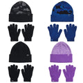 Various winter accessories are displayed including four hats and four pairs of gloves arranged in two columns. The items feature distinct colors and patterns, suitable for cold weather.