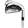 A golf club is displayed angled to show its polished silver head and black and green branding featuring "TaylorMade" and "RBZ SPEEDLITE" with a black grip and shaft visible.