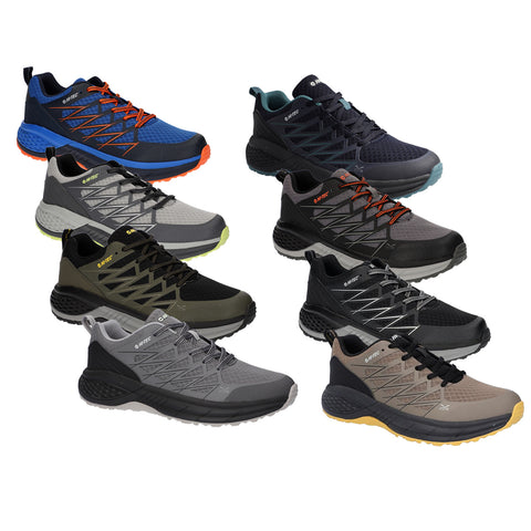 Shoe assortment displays eight pairs of athletic shoes in various colors including blue black gray and olive arranged in a neat format against a plain background showcasing their design and features.