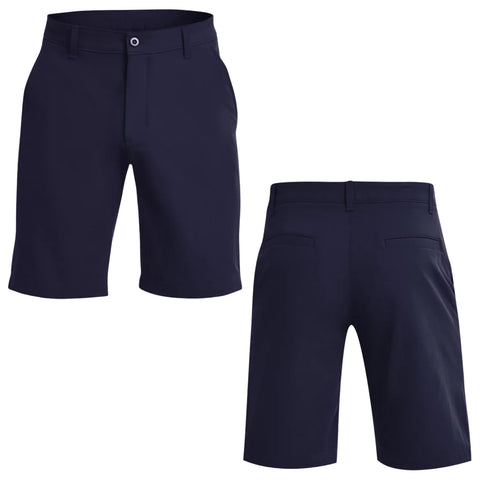 Navy shorts are displayed from the front and back perspectives featuring a flat front design a sleek appearance and two back pockets for storage